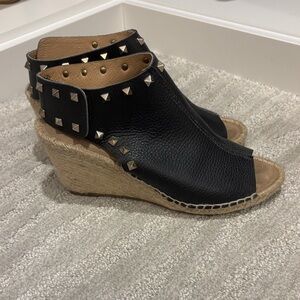 Studded Black Leather Wedge Sandals